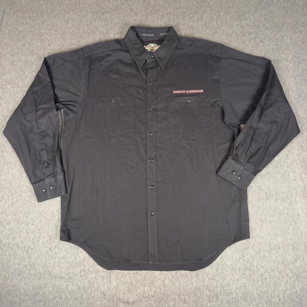 Harley-Davidson Shirt Mens Large Black Biker Long Sleeve Button Up Embroidered
